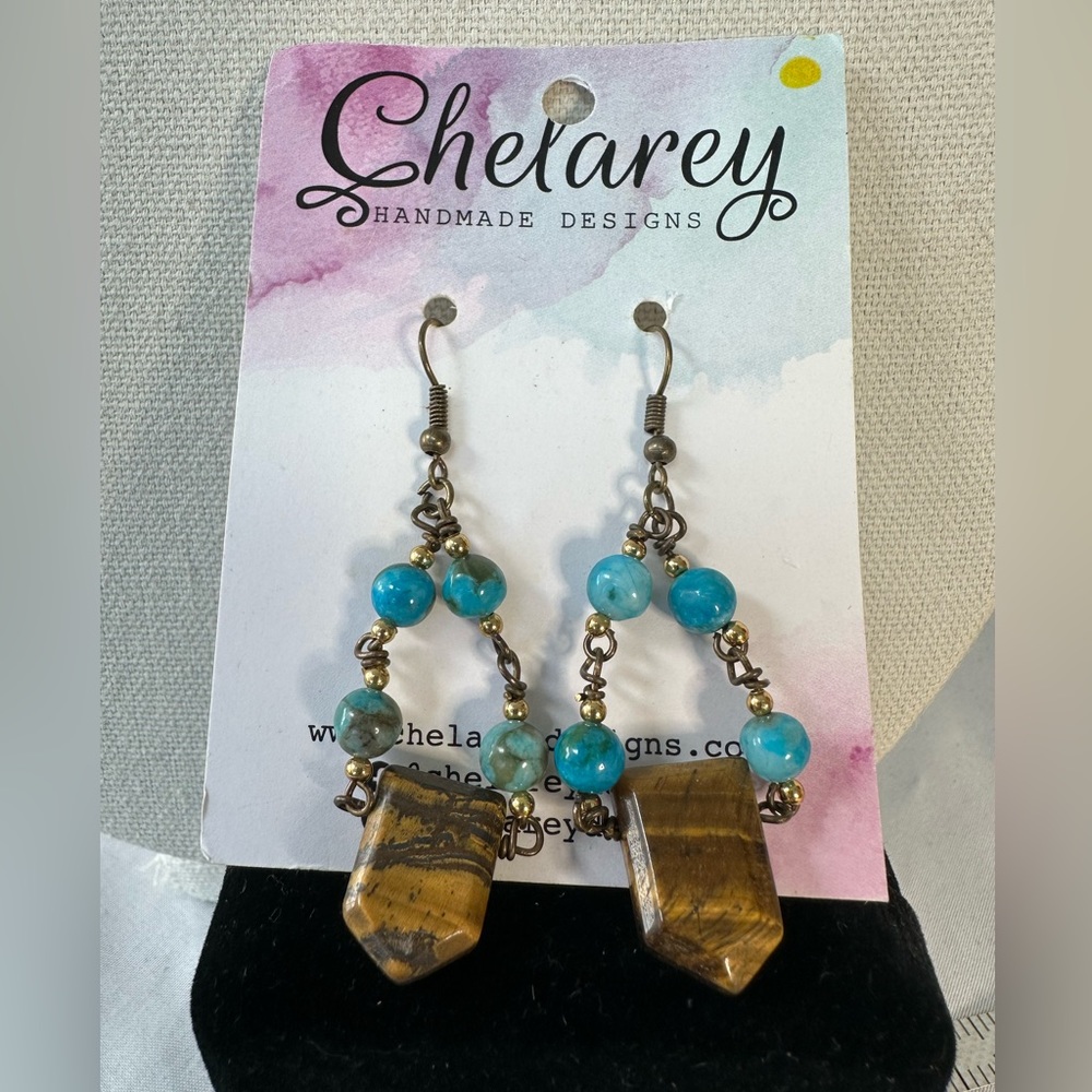 Tiger eye and blue stone drop boho earrings